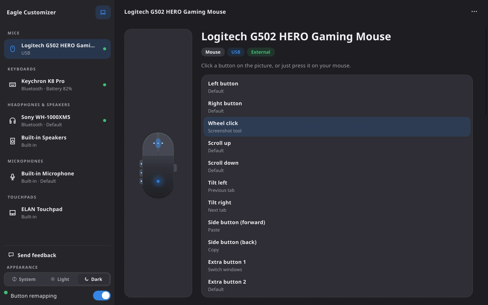 Searching the action list for screenshot actions