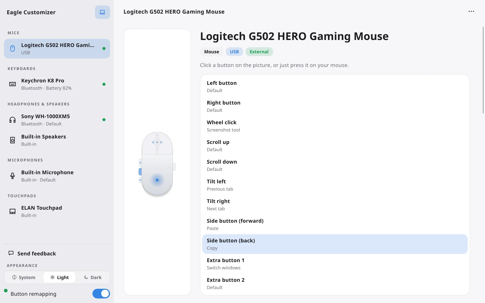 Eagle Customizer showing a Logitech mouse with its buttons mapped to actions